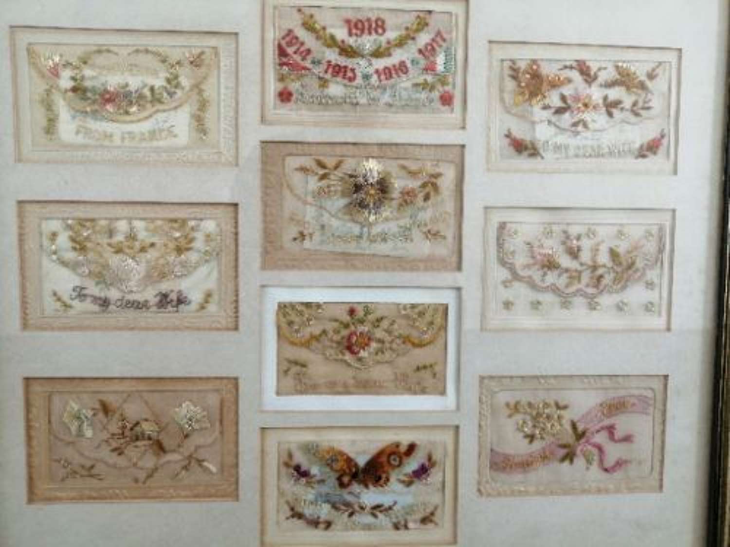 Framed Early 20th Century Embroidered Silk Greetings Cards