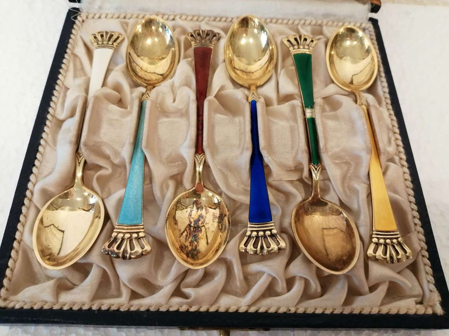 An Excellent Set Of Six Danish Enamel & Silver Gilt Spoons