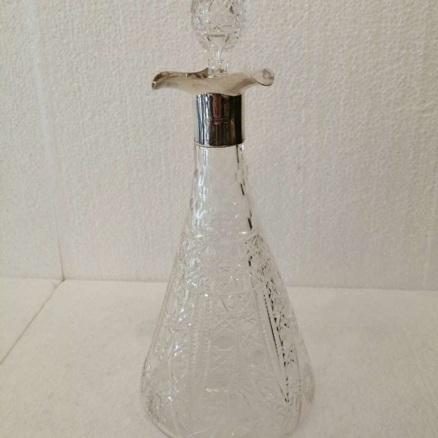 Cut Glass Ships Style Decanter With Silver Collar