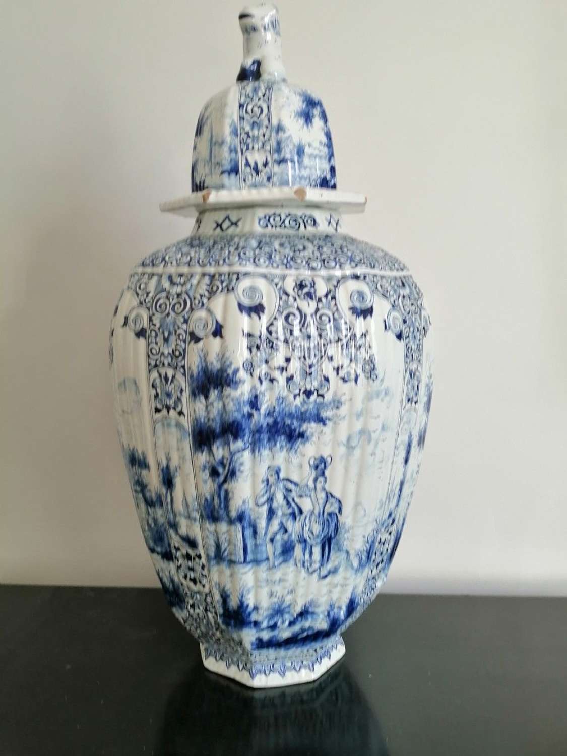 An Imposing Dutch Delft Blue & White Vase & Cover