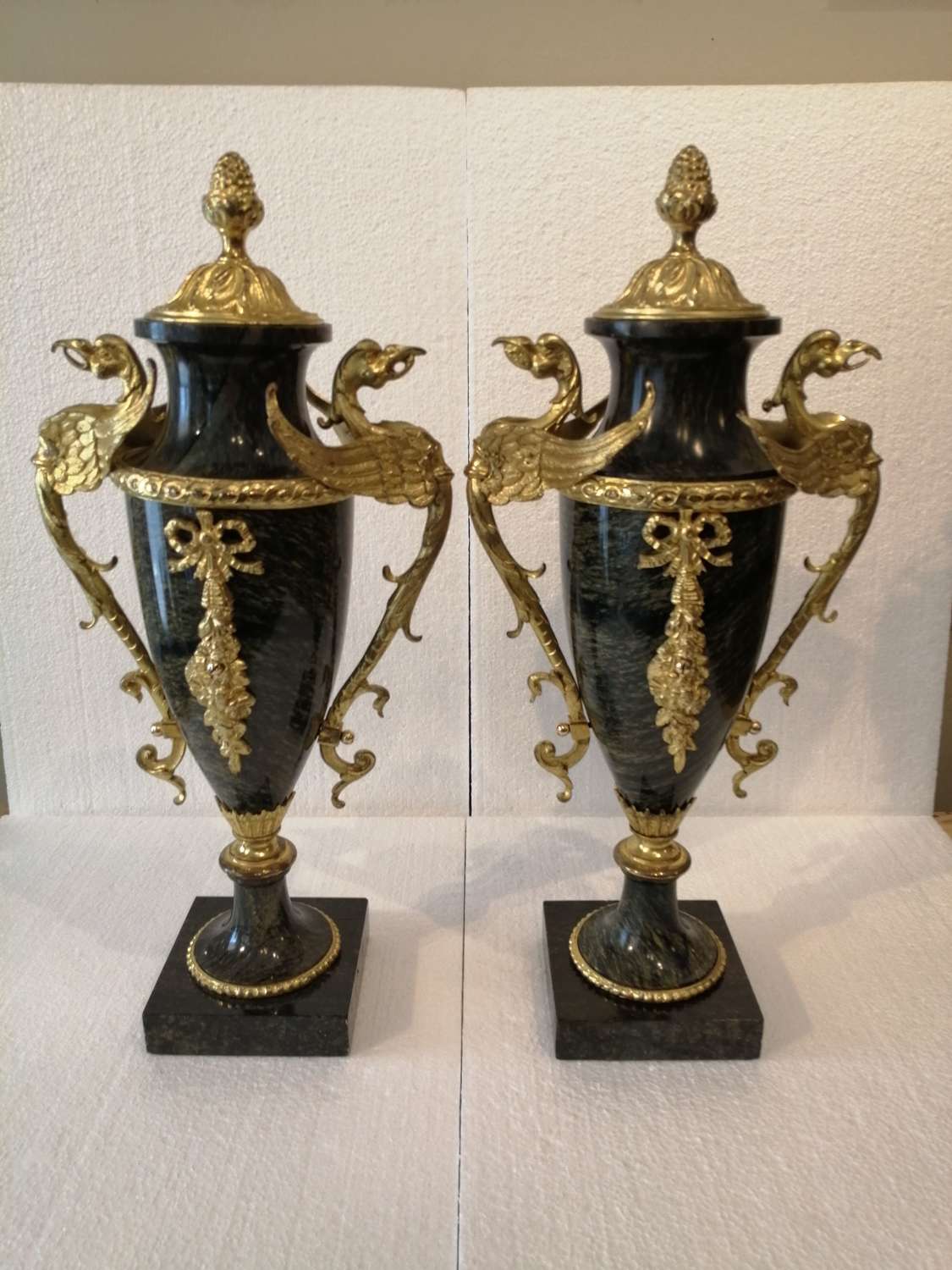 A beautiful pair of slim French marble cassolettes