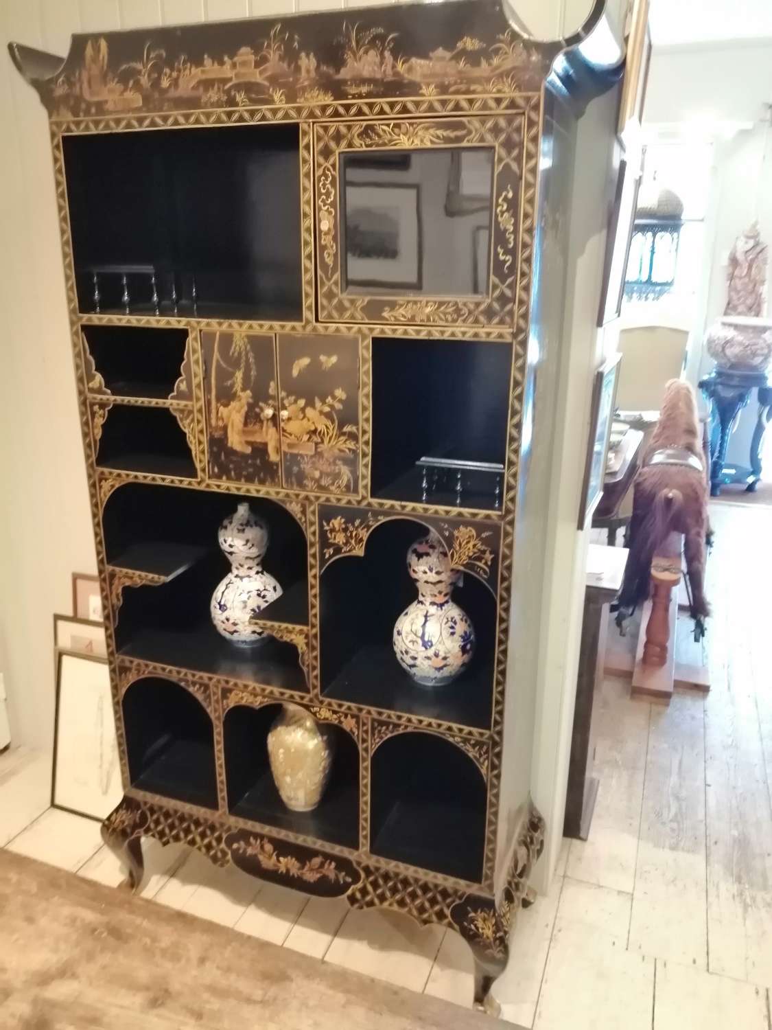 A stunning highly decorated Japanese black lacquered Shodana Cabinet