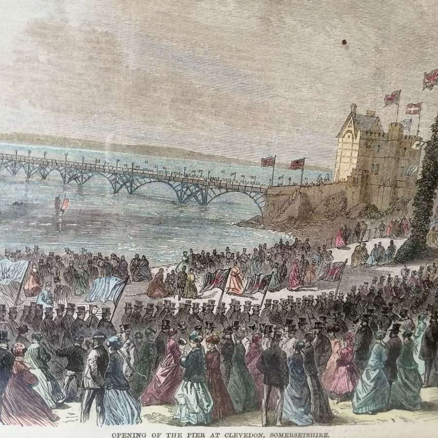 19thC Hand coloured engraving  "Opening of the pier at Clevedon