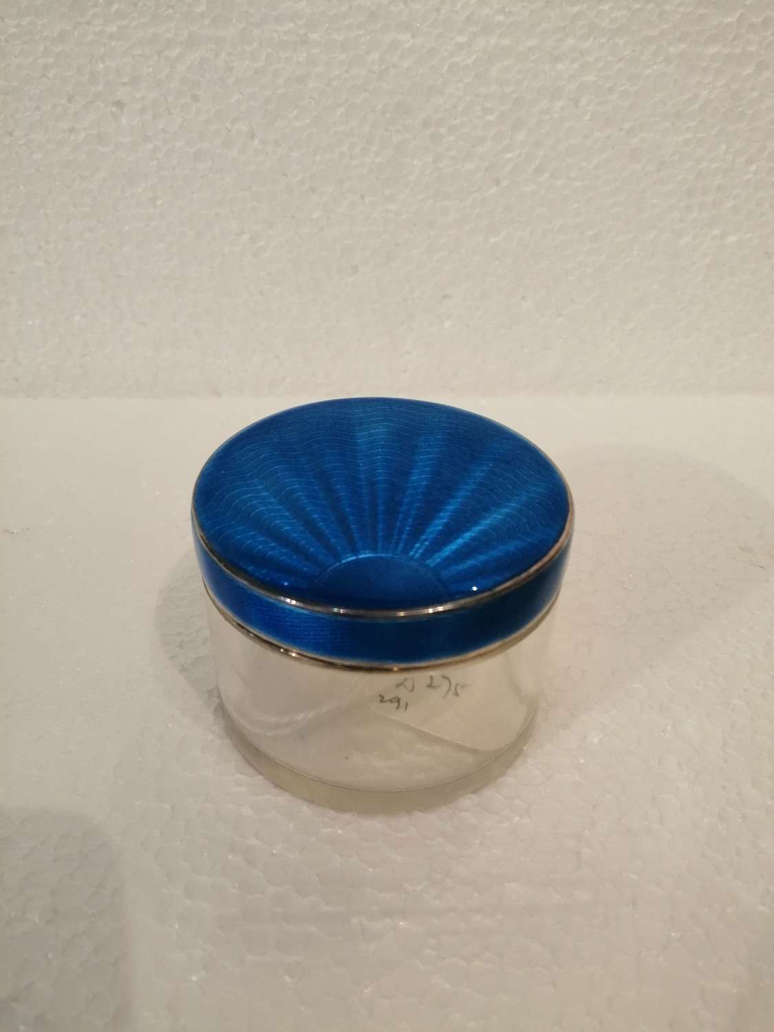 An Art Deco glass and guilloche enamel jar