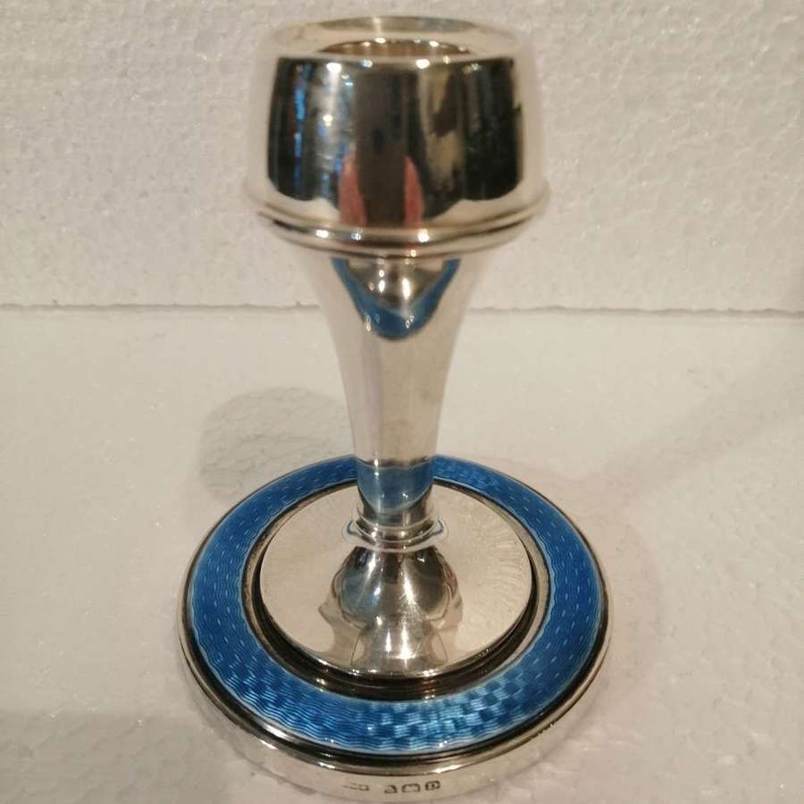 An Art Deco silver & blue enamel candlestick
