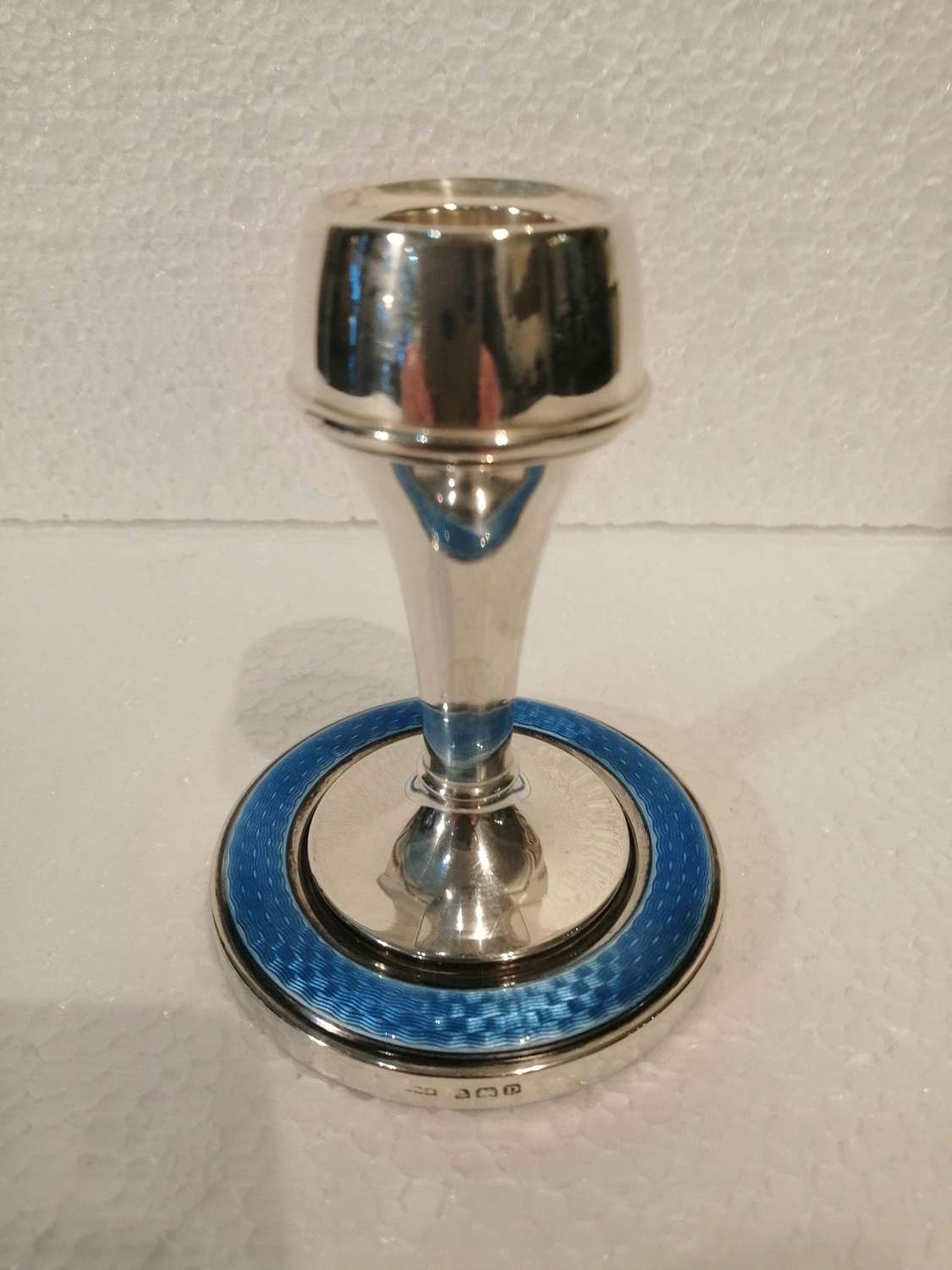 An Art Deco silver & blue enamel candlestick